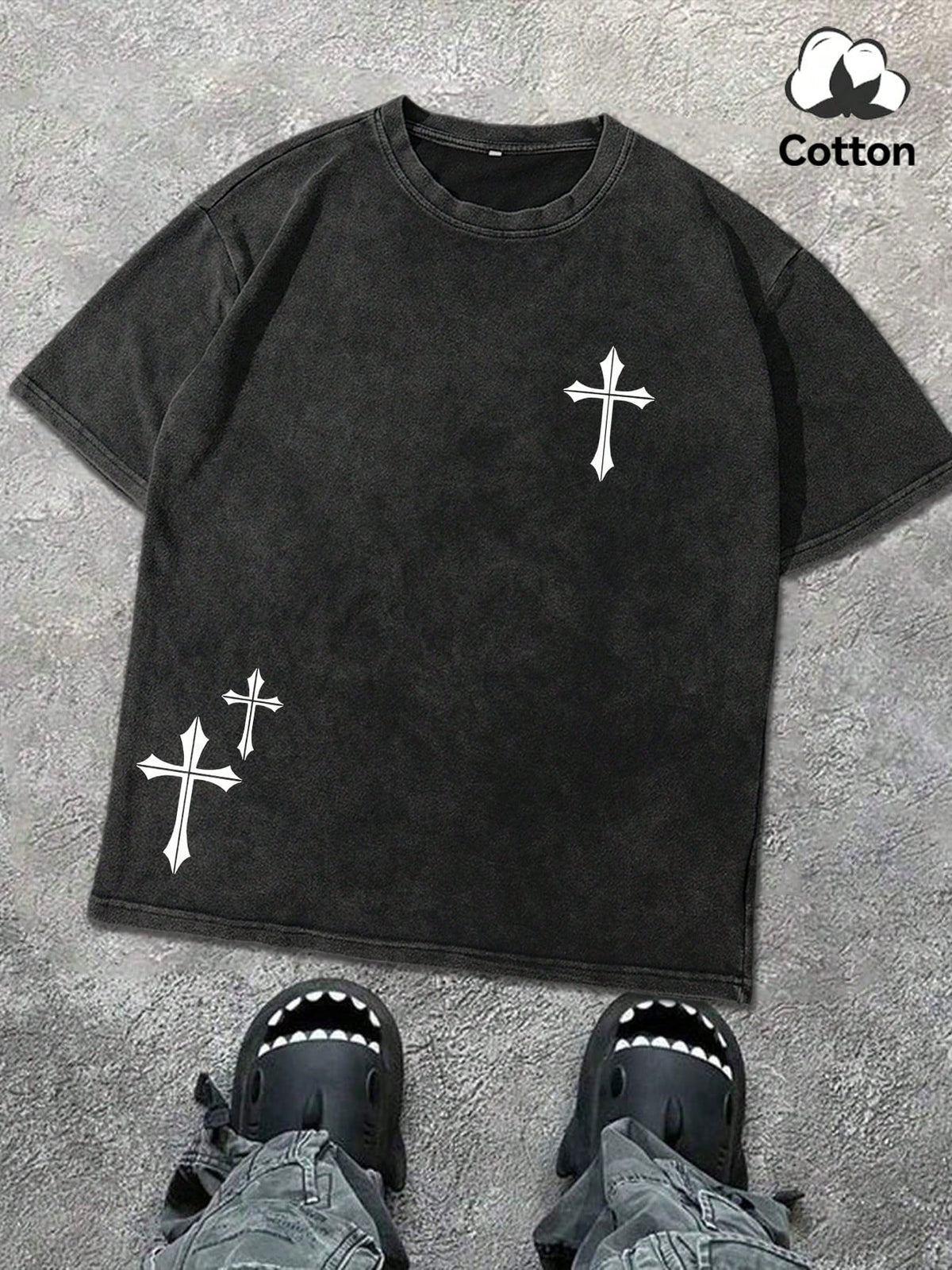 Hemo, Men's Round Neck Short Sleeve Simple Commuter Top, Casual Daily Cross Print Distressed Print T-Shirt