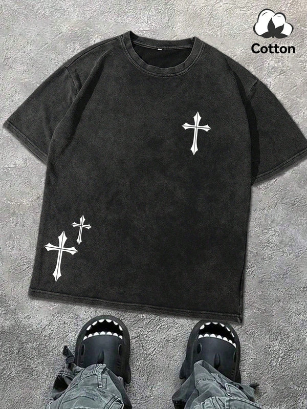 Hemo, Men's Round Neck Short Sleeve Simple Commuter Top, Casual Daily Cross Print Distressed Print T-Shirt