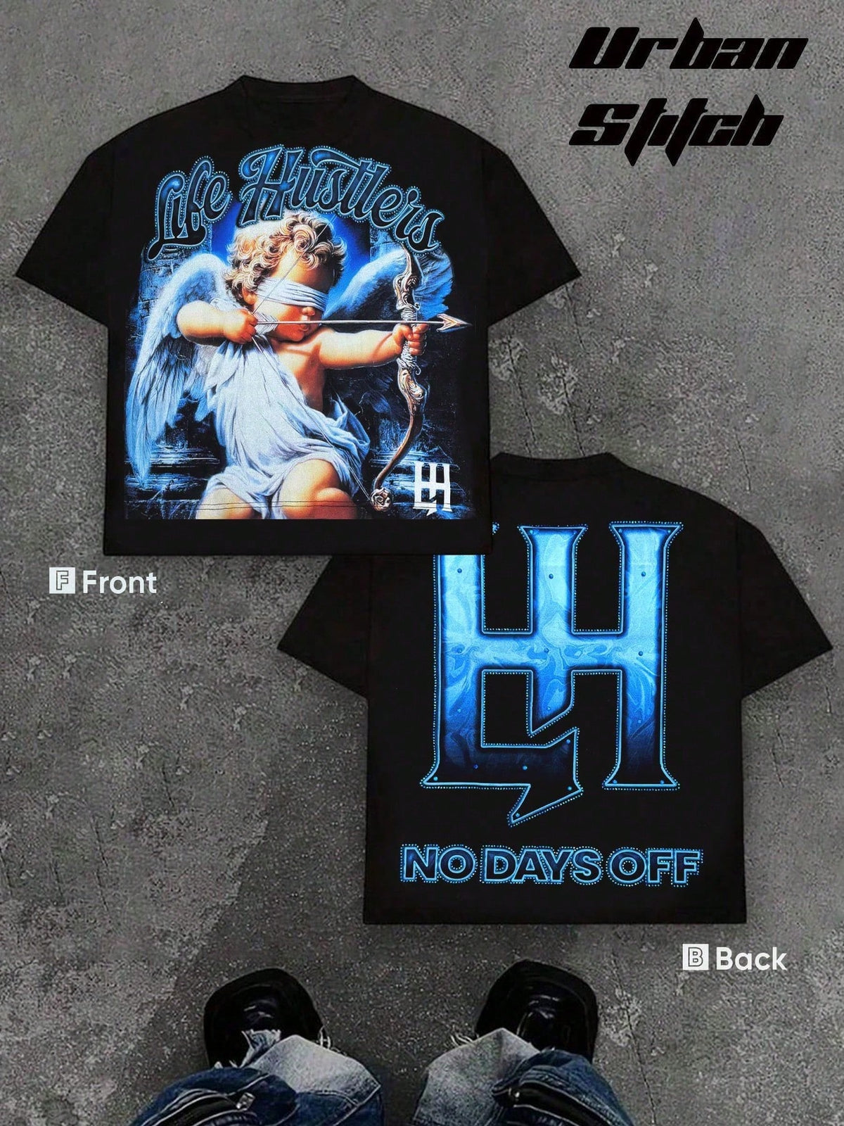 Men's Life Hustler's "No Days Off" Blindfolded Cherub Rhinestone Oversized Black T-Shirt