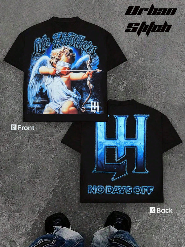 Men's Life Hustler's "No Days Off" Blindfolded Cherub Rhinestone Oversized Black T-Shirt