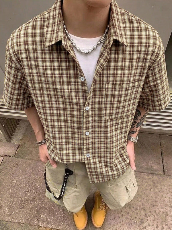 STEELVANCE Men's Brown Plaid Short Sleeve Shirt,Single Pocket Classic Style For Summer,Streetwear,City Break,Back-To-School,Comfortable Fabric Versatile Top